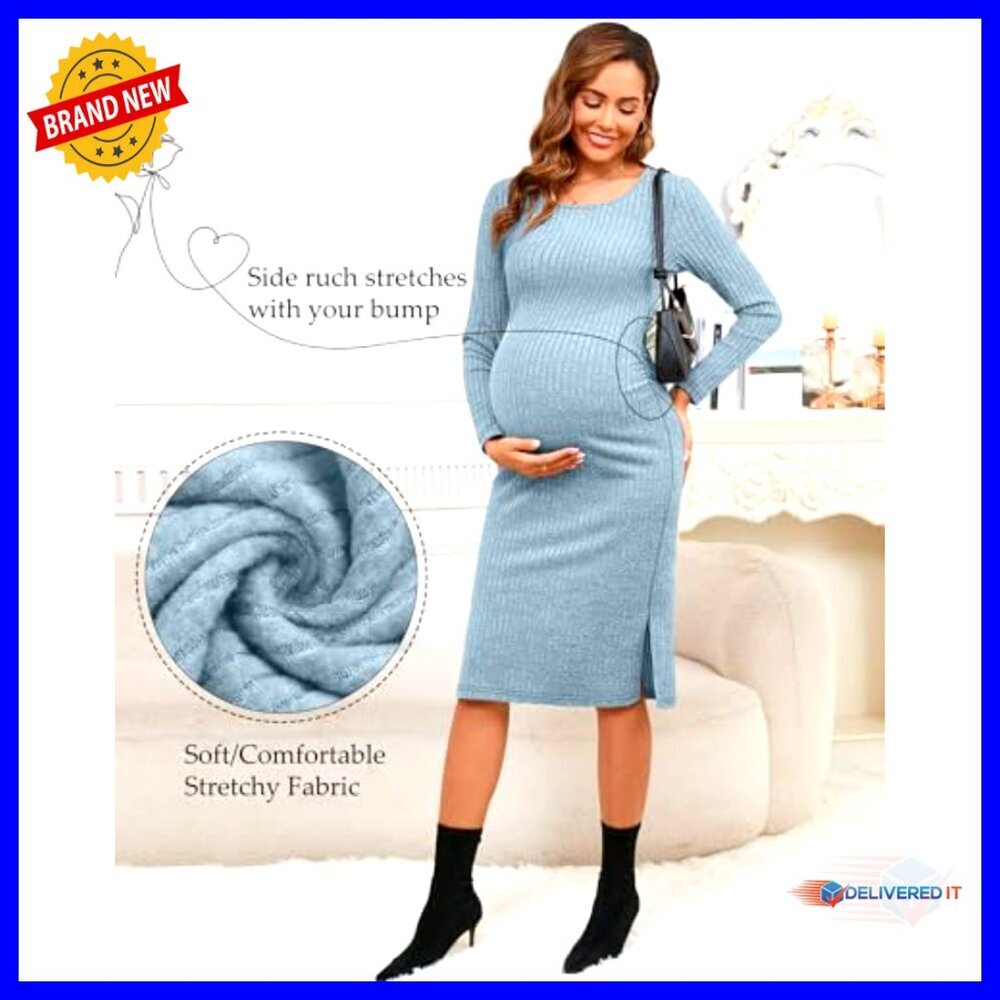 Maternity Bodycon Dress Long Sleeve Ribbed Knit Stretchy Pregnancy Formal - Picture 4 of 7